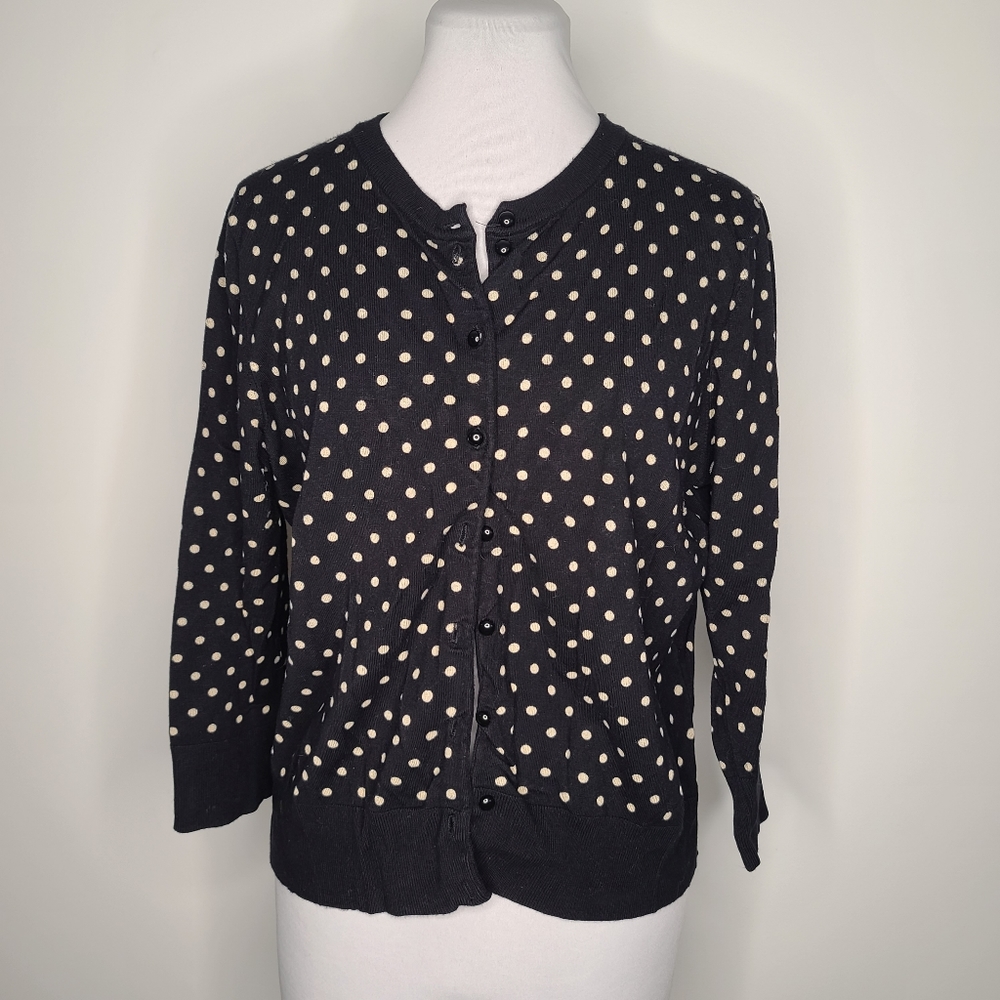 Cable & Gauge Polka Dot Button Front Cardigan Sweater Black and Cream Size L Lg
